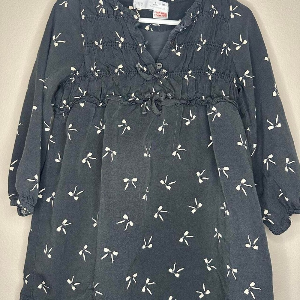 Zara Girls Black White Bow Print Babydoll Dress Ruffle Tie Front Size 5 110cm